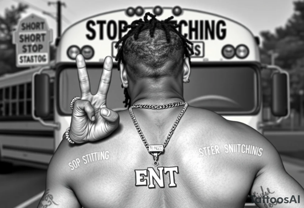 Mac Dre Standing doing the sign for time out in football n front of a short bus stopped at a stop sign that says STOP SNITCHING on it with a chain around his neck that has a pendent that says THIZZ and below that ENT tattoo idea