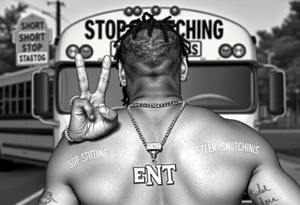 Mac Dre Standing doing the sign for time out in football n front of a short bus stopped at a stop sign that says STOP SNITCHING on it with a chain around his neck that has a pendent that says THIZZ and below that ENT tattoo idea