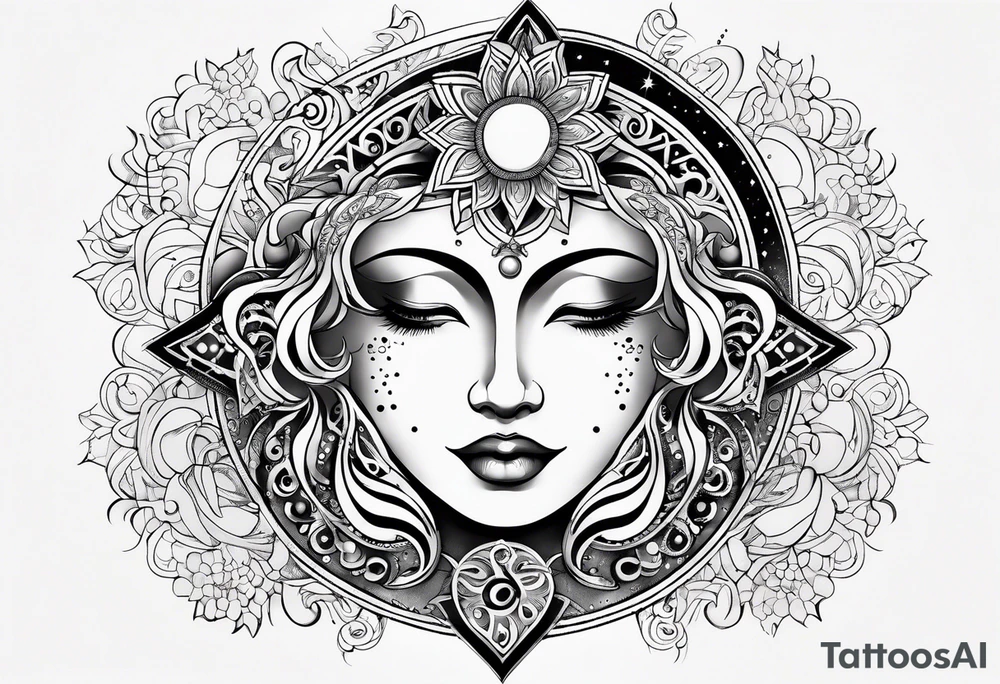 Feminine Sun and moon. Freeform rectangular sternum swirls with dots and stars tattoo idea