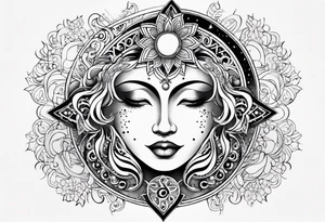 Feminine Sun and moon. Freeform rectangular sternum swirls with dots and stars tattoo idea