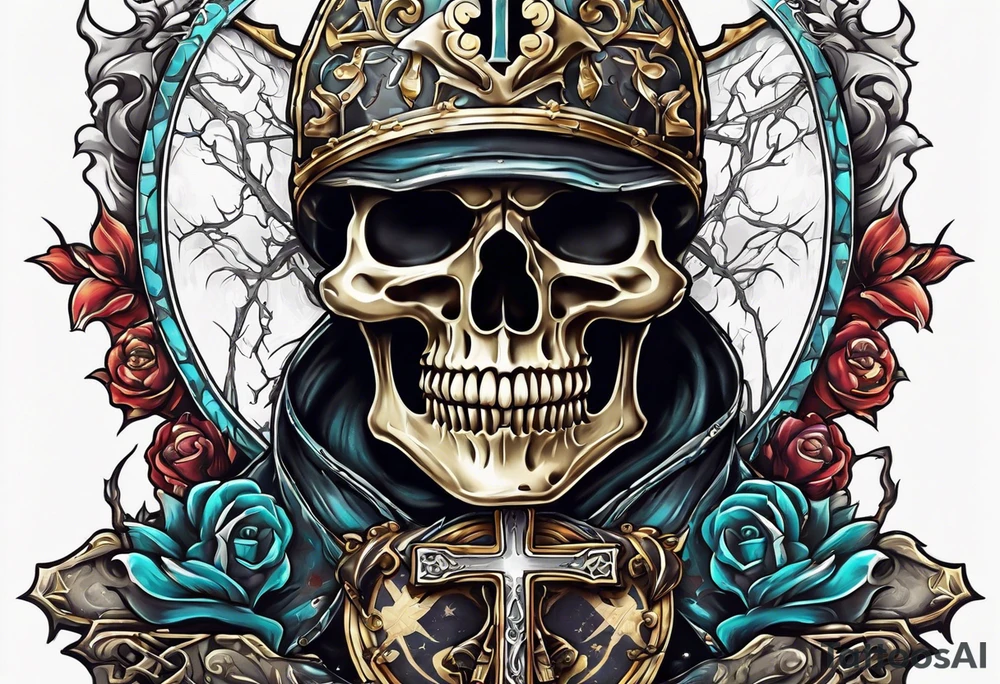 skeleton holding a shield with a cross on it tattoo idea