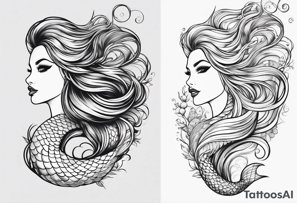 sexy full bodied mermaid with long 
flowing tail and hair, tattoo sleeve tattoo idea
