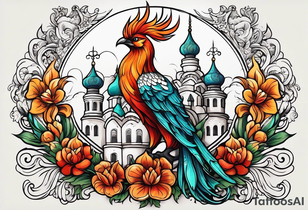 russian firebird with fancy tail and small onion cap monastery towers in background tattoo idea