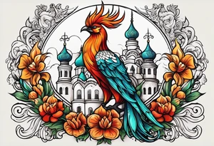 russian firebird with fancy tail and small onion cap monastery towers in background tattoo idea