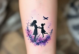 Silhouette of a mother and toddler daughter playing airplane, done in soft black with a faint watercolor wash in pale purple behind them. tattoo idea