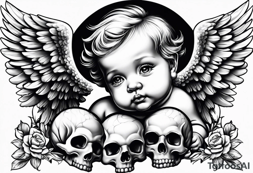 baby angel holding skull tattoo idea