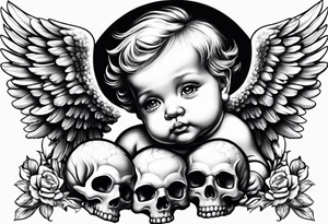 baby angel holding skull tattoo idea