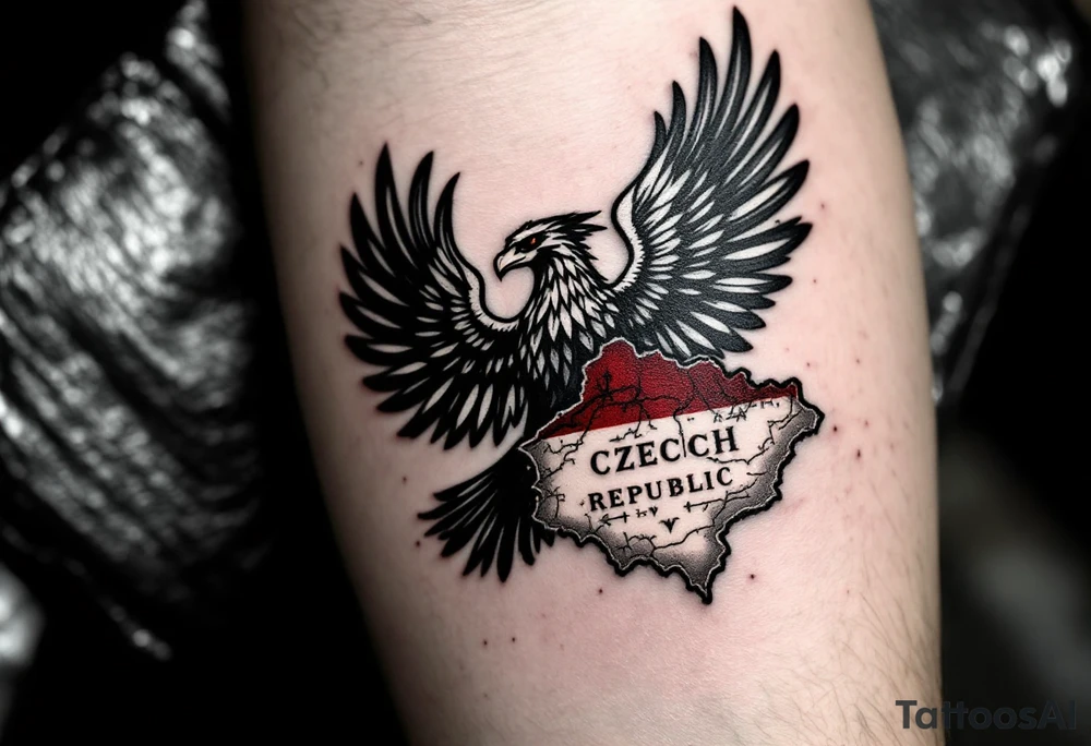 A detailed black eagle in flight, with its wings partially merging into a faded vintage-style map of the Czech republic. The borders of the region are highlighted in deep red, symbolizing history and unity. tattoo idea