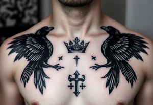 Chest tattoo, two ravens and icelandic symbols, dark brest tattoo, crown betwen ravens tattoo idea