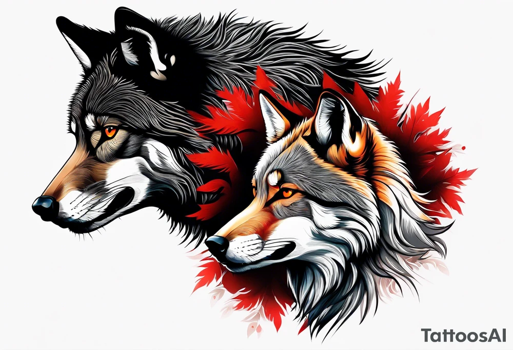 Black wolf and red fox nuzzling tattoo idea