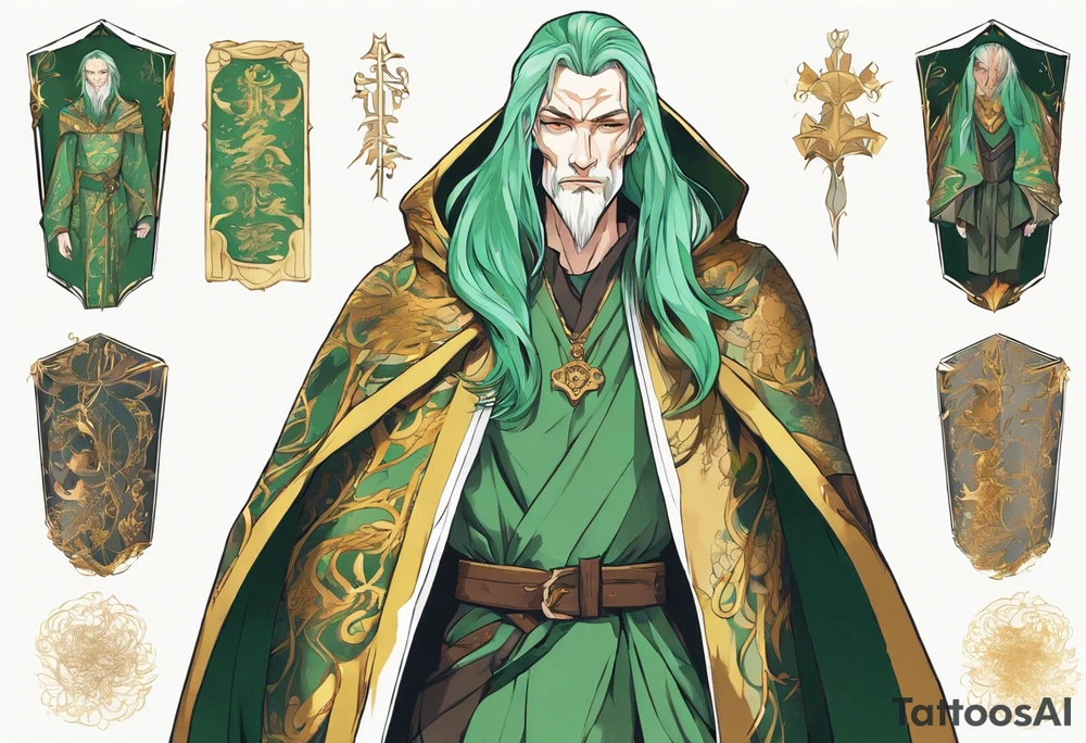 A tall, slender, beautiful man with mint skin, long multi-color hair. Wearing a medieval cloak of gold and green. tattoo idea