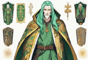 A tall, slender, beautiful man with mint skin, long multi-color hair. Wearing a medieval cloak of gold and green. tattoo idea