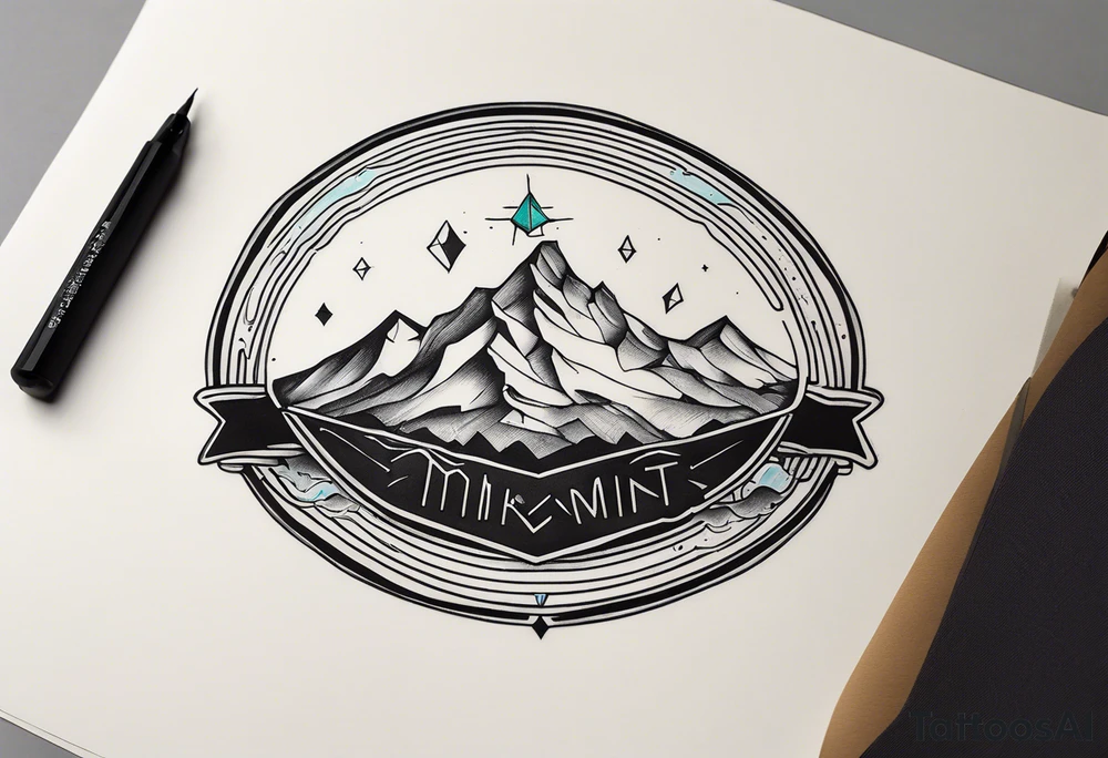 Übersetzter Text
tattoo fineline style, black, no fill, säntis mountain massif, water wave, a large semi-circle with two small colored stars frames the mountain peak, an open diamond as a geometric shape with dashed lines surrounds everything with the water overhanging the diamond, tattoo idea