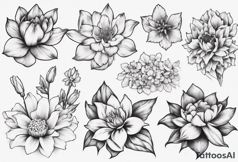 cluster of flowers that include lotus, sunflower, chrysanthemum, jasmine (or flower that symbolises luck), gardenia, mullein and gladiolus tattoo idea