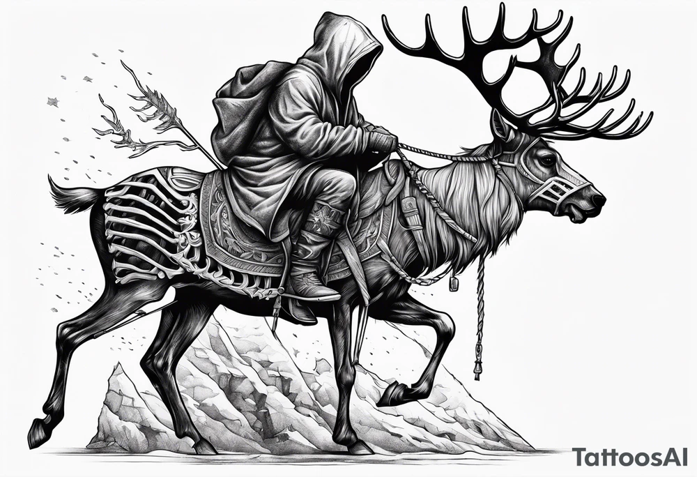 Hooded figure riding on a reindeer skeleton tattoo idea