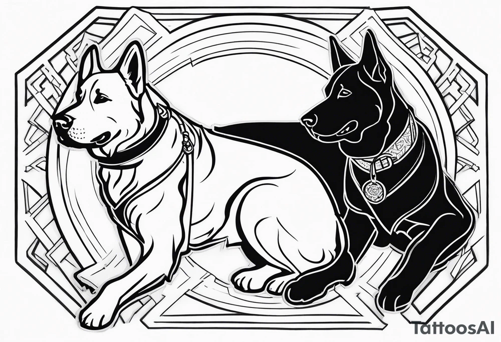 a golden retriever and a german shepherd both in jujitsu gis including belt tattoo idea