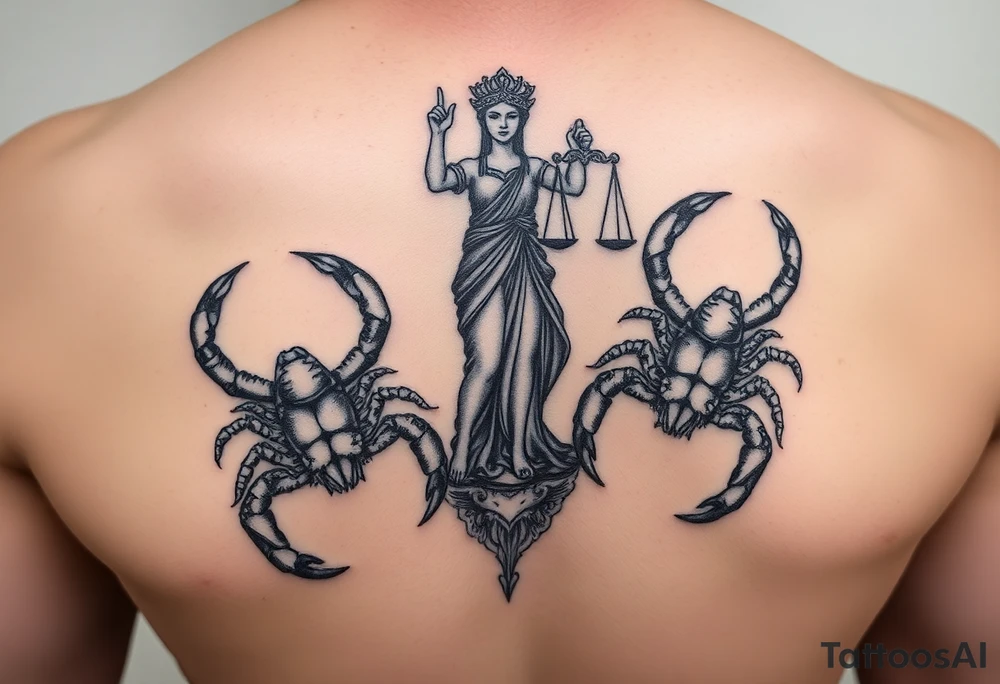 powerful majestic scorpions next to the figure of Lady Justice tattoo idea