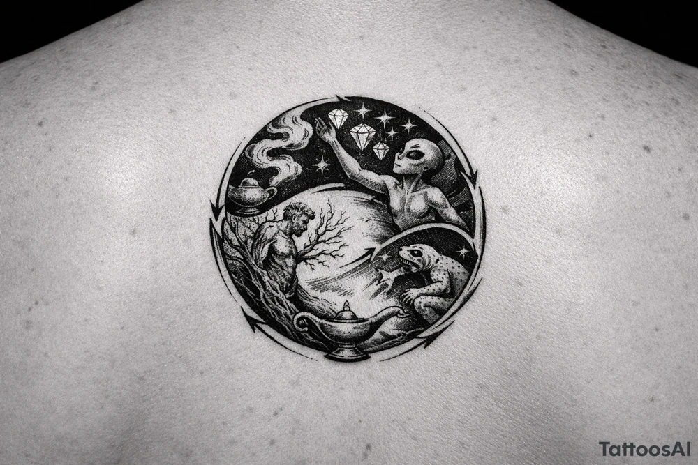 A man turning into a tree then sprouting into a from then evolving into a alien then reaching for the stares and grabbing diamonds out of the sky then getting sucked into a gene lamp cycle circle tattoo idea