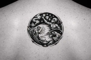 A man turning into a tree then sprouting into a from then evolving into a alien then reaching for the stares and grabbing diamonds out of the sky then getting sucked into a gene lamp cycle circle tattoo idea
