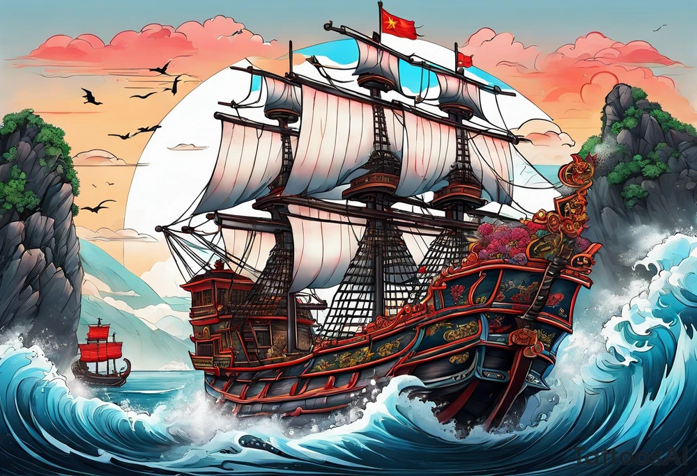 Chinese pirate ship that has been through many storms tattoo idea