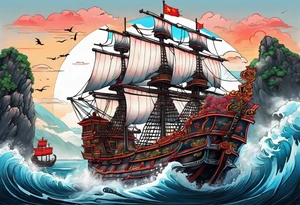 Chinese pirate ship that has been through many storms tattoo idea