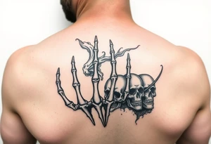 Hand tattoo four skeleton fingers fading into smoke with dead souls and skeleton heads on my forearm tattoo idea