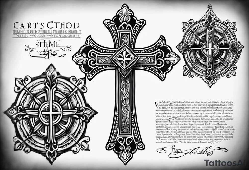 Create a small wrist sized tattoo that has Proverbs 31:25 "She is clothed with strength and dignity, and she laughs without fear of the future"

I would like a cross with text wrapped around it tattoo idea