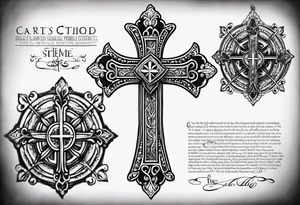 Create a small wrist sized tattoo that has Proverbs 31:25 "She is clothed with strength and dignity, and she laughs without fear of the future"

I would like a cross with text wrapped around it tattoo idea