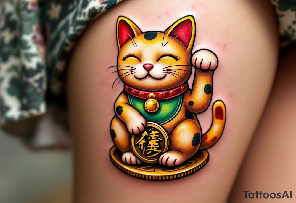 A golden maneki-neko (beckoning cat) with a red collar and green bib, sitting on a coin. tattoo idea