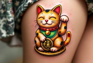 A golden maneki-neko (beckoning cat) with a red collar and green bib, sitting on a coin. tattoo idea