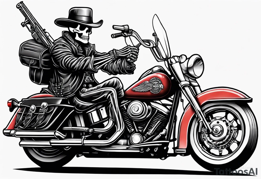 Old school skeleton holding a shotgun riding a harley davidson low rider tattoo idea