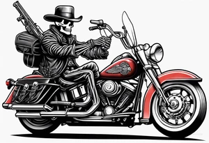 Old school skeleton  holding a shotgun riding a harley davidson low rider tattoo idea
