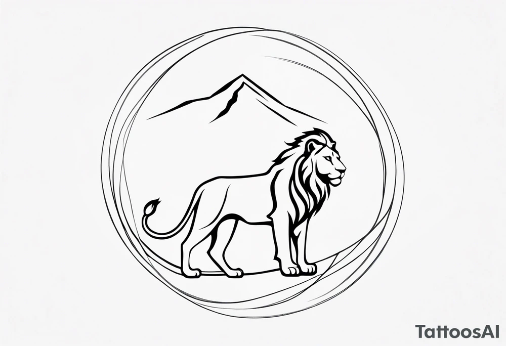 Minimalist black and white tattoo design for the calf featuring a lion, lioness, and lion cub. The lion faces upward towards the sky, looking in the opposite direction of the lioness. The lion cub is positioned below them, looking up. The design has a feminine touch with simple lines and elegant curves, focusing on the emotional connection between the three animals. tattoo idea