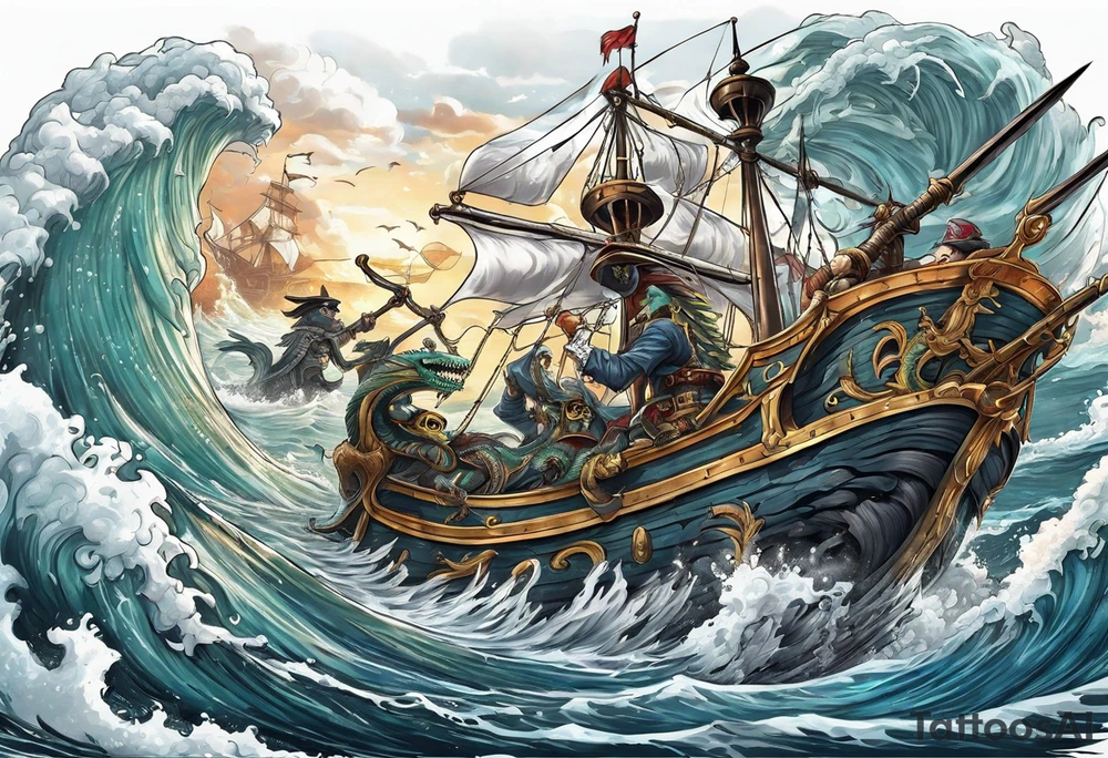 skeleton pirates fighting a sea serpent tattoo idea