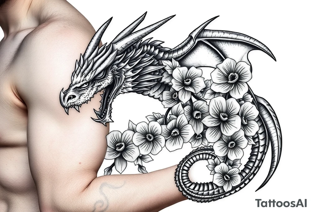 scary dragon with death flowers tattoo idea