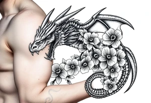 scary dragon with death flowers tattoo idea