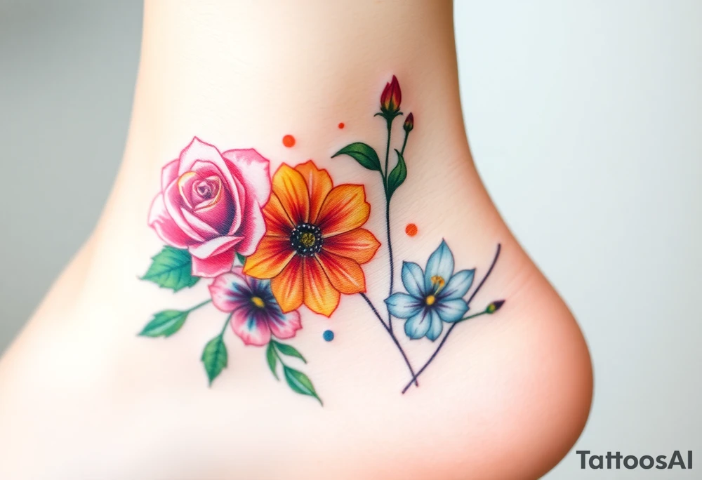 a vibrant, watercolor tattoo with one rose, one lily, one marigold, and one cosmos flower tattoo idea