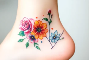 a vibrant, watercolor tattoo with one rose, one lily, one marigold, and one cosmos flower tattoo idea