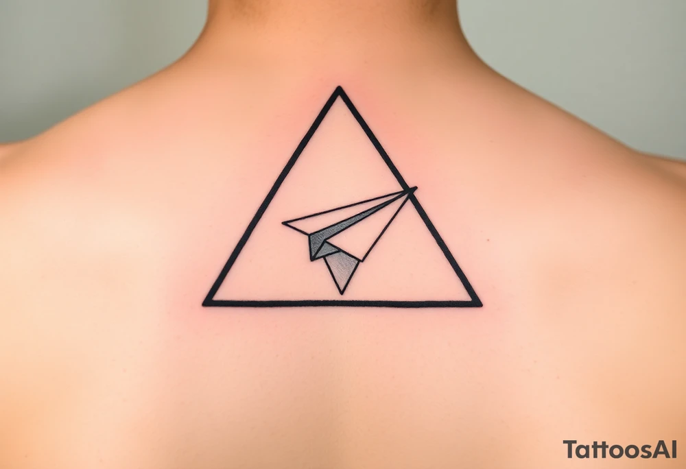 Small geometric triangle with a geometric paper plane with fine thin lines flying around the countries of India and Guyana. tattoo idea
