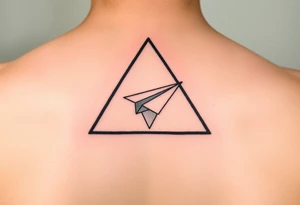 Small geometric triangle with a geometric paper plane with fine thin lines flying around the countries of India and Guyana. tattoo idea