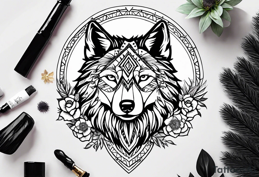 A whimsical wolf tattoo featuring mandala or dream catcher elements, with the wolf as the central focus, surrounded by mountains in the background. Include flowers and nature elements to fill the space around the wolf. Some color but not completely solid bold color tattoo idea