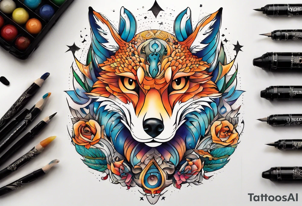 fisch, fuchs und eule , symetrie universum, bunt tattoo idea
