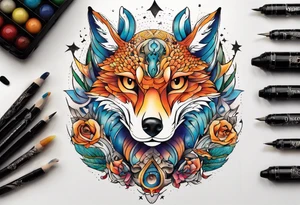 fisch, fuchs und eule , symetrie universum, bunt tattoo idea