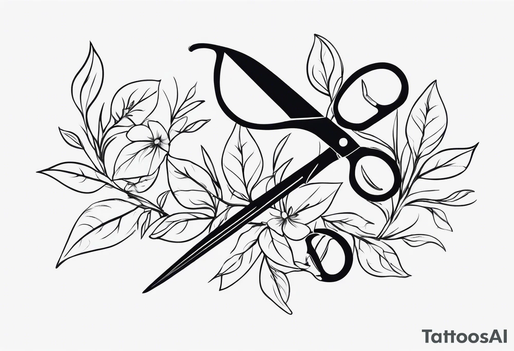 flowery vines with leaves with a lowkey pair of scissors for cutting hair tattoo idea