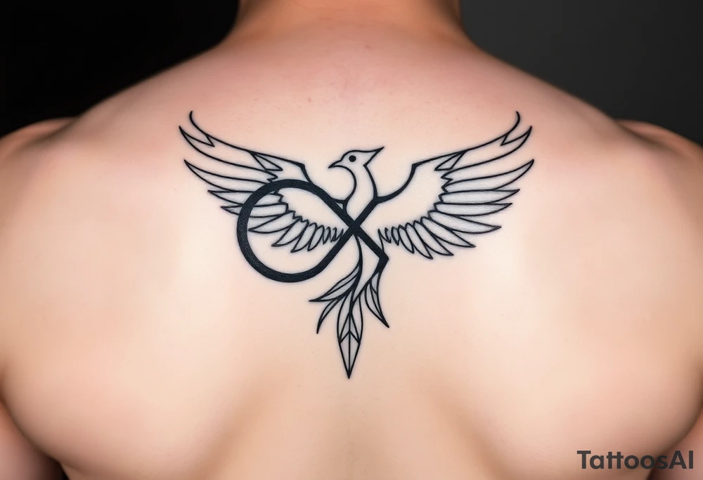 Infinity loop transforming into a geometric phoenix in flight. Smooth continuous black lines, minimalist, symbolic of transcending highs and lows and staying centered through all of life’s changes. Wings made of subtle triangles and flowing lines. Represents eternal resilience and emotional balance.

Vibe: emotional intelligence, grounded rebirth, quiet resilience.
Style tags to use: infinity symbol, geometric linework, minimalist, phoenix, continuous line tattoo. tattoo idea