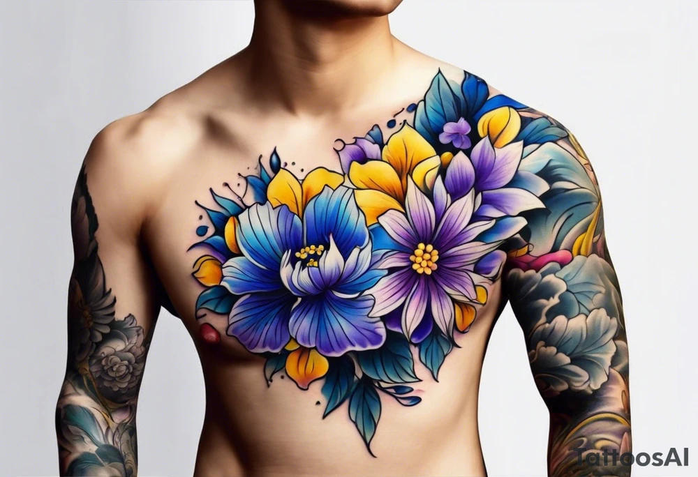 Blue yellow and purple flowers arm sleeve tattoo idea