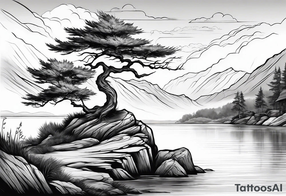 Sleeve tattoo windswept tree before lake with low rock face on another side of lake tattoo idea