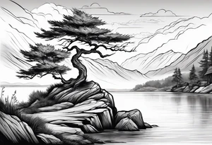 Sleeve tattoo windswept tree before lake with low rock face on another side of lake tattoo idea