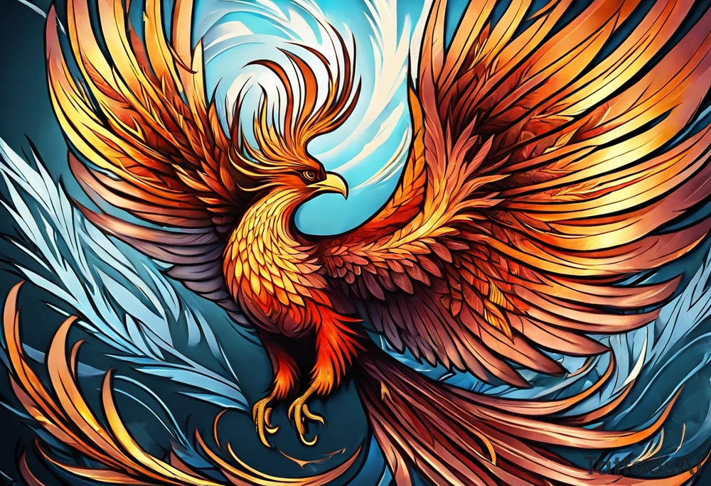 Tattoo: A powerful, majestic phoenix, depicted mid-flight or rising, with wings extended and feathers flowing. Deep shading and intricate details to bring out the texture and motion of the feathers. tattoo idea