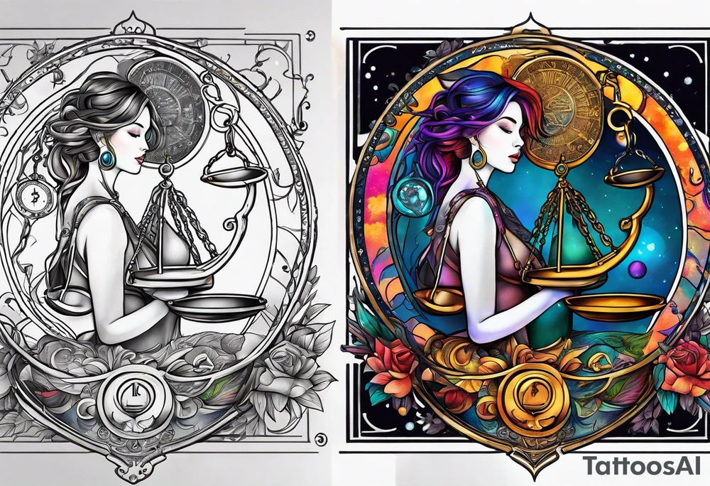 Libra woman holding scales with a night zodiac background including a half moon that encircles half of the woman with vibrant colors tattoo idea
